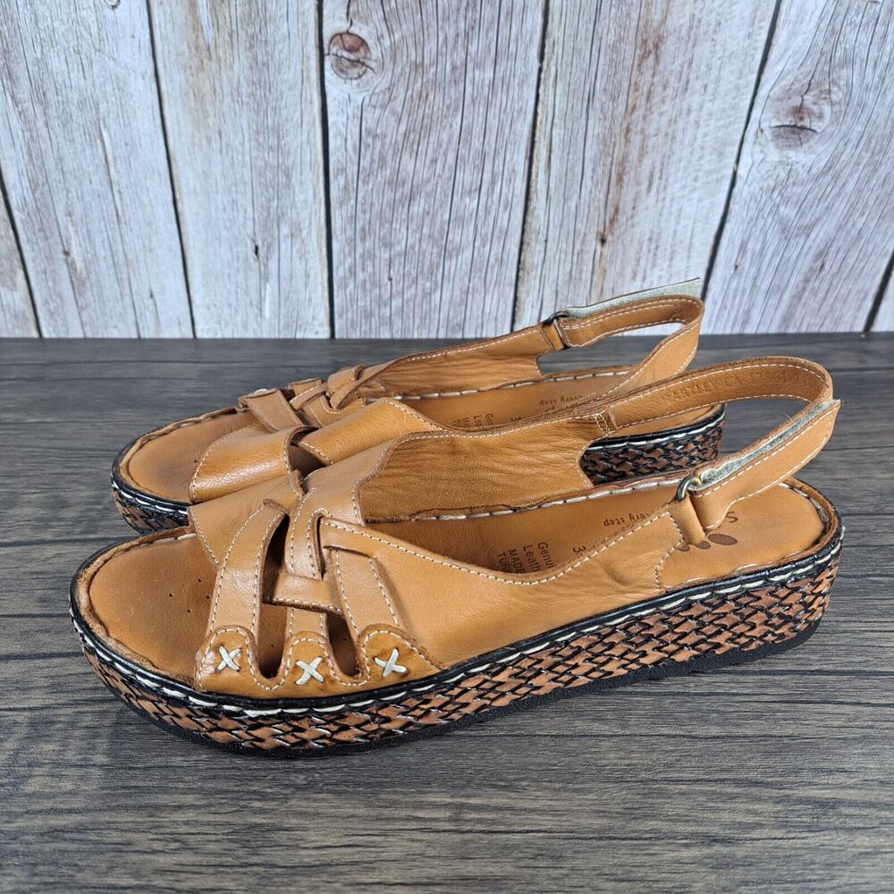 Spring Steps Hartley Slingback Leather Platform Sandals Women's Sz 8M EU39 Camel